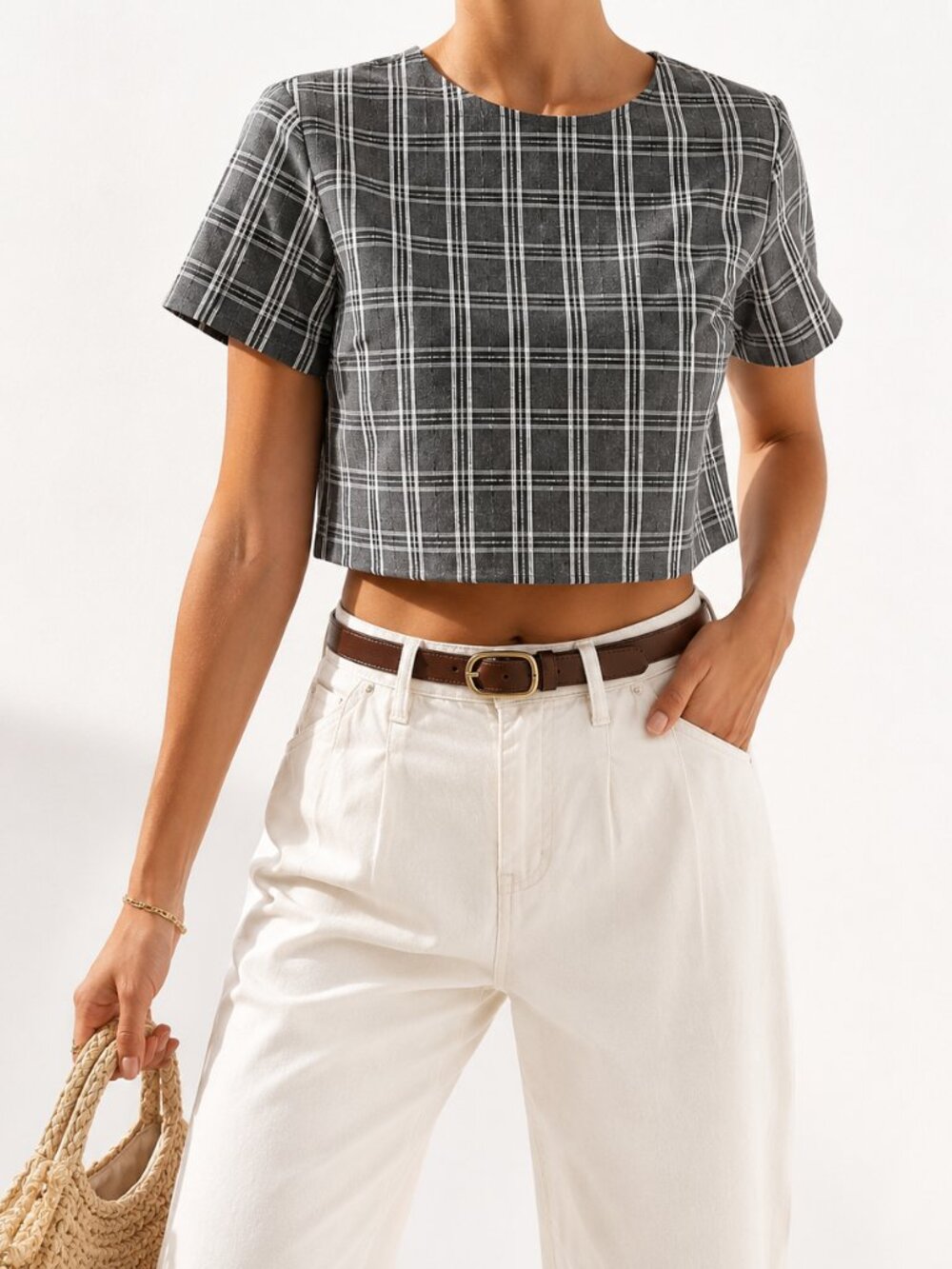 Lumiere Gray Windowpane Plaid Crop Top | Quiet Luxury Boxy Short Sleeve [size M]
